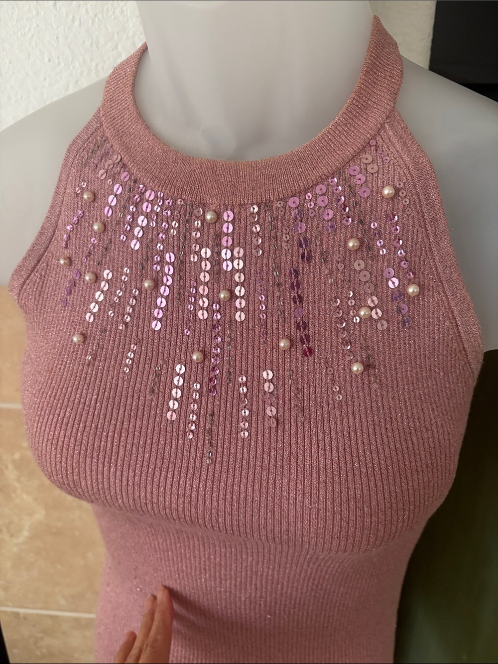 Cache Pink Embellished Ribbed Halter Tank - Picture 3 of 4